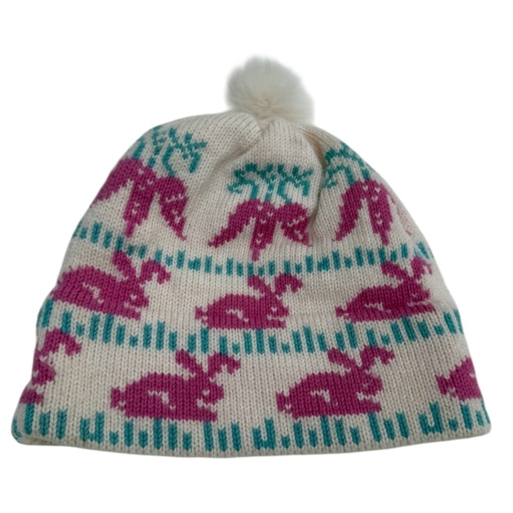 Murray Merkley Y2K Style Knit Beanie Pom Pink Teal Bunny Print Cozy Winter Hat